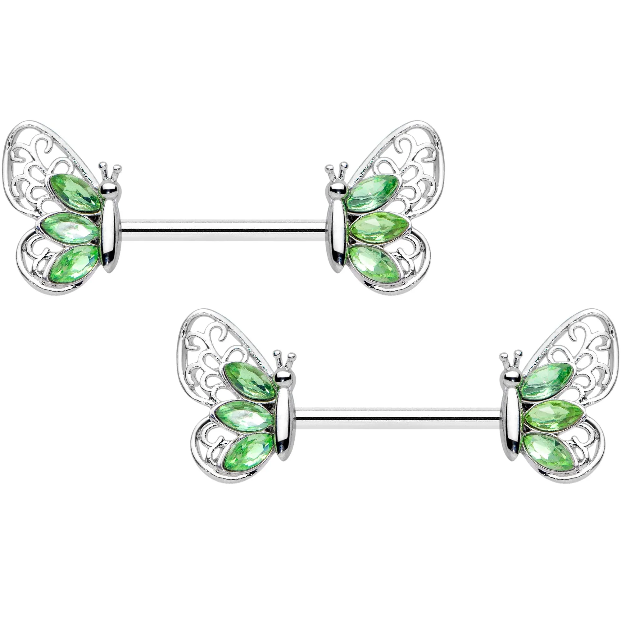 14 Gauge 9/16 Green Gem Lacy Butterfly Barbell Nipple Ring Set
