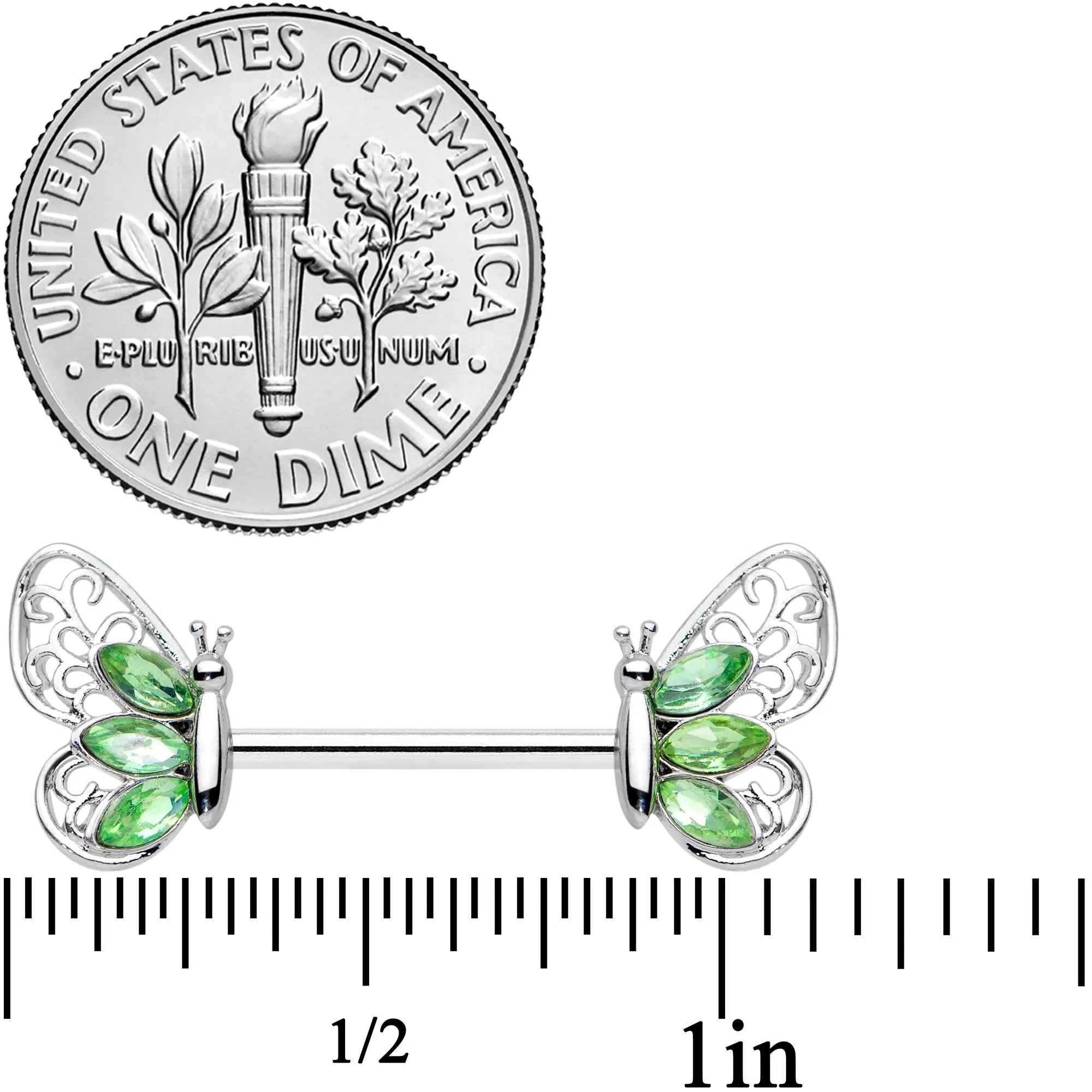 14 Gauge 9/16 Green Gem Lacy Butterfly Barbell Nipple Ring Set