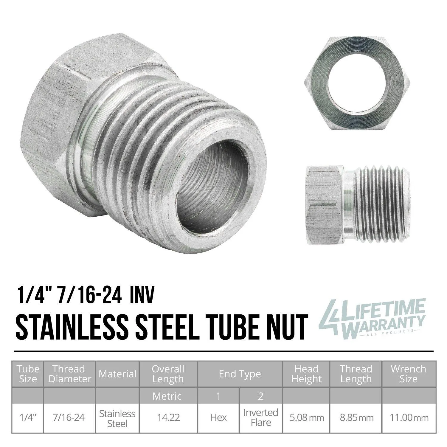 1/4" (7/16-24 Inverted) | Stainless Steel Brake Line Tube Nut | 10ct