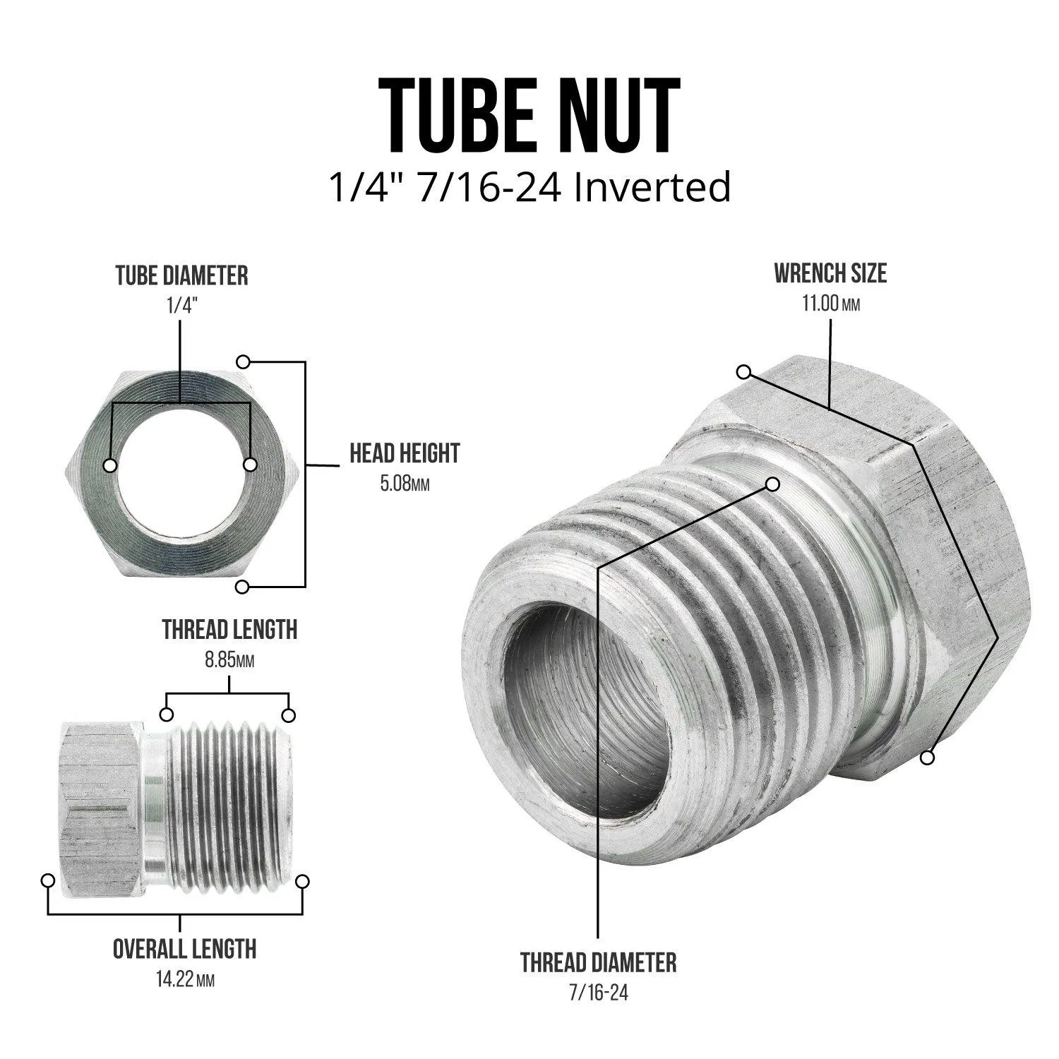 1/4" (7/16-24 Inverted) | Stainless Steel Brake Line Tube Nut | 10ct