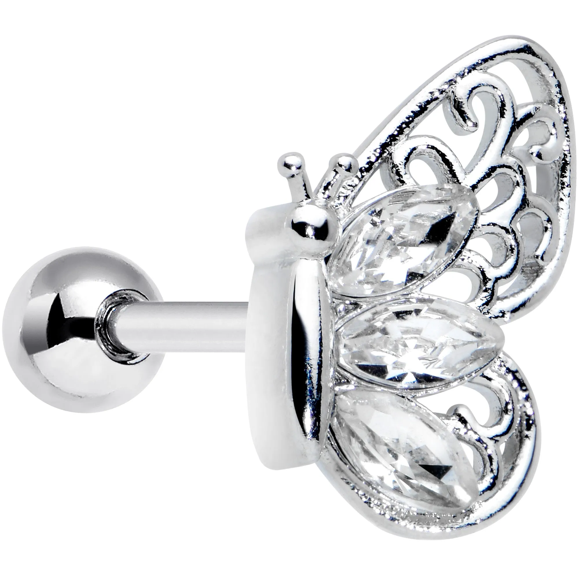 16 Gauge 1/4 Clear Gem Lacy Butterfly Cartilage Tragus Earring
