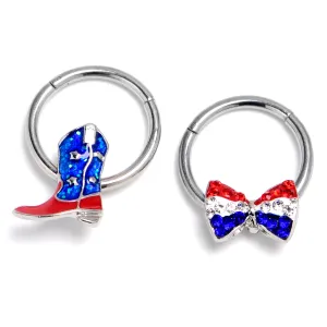 16 Gauge 3/8 Red Blue Gem Bow Cowboy Boot Hinged Segment Ring Set of 2
