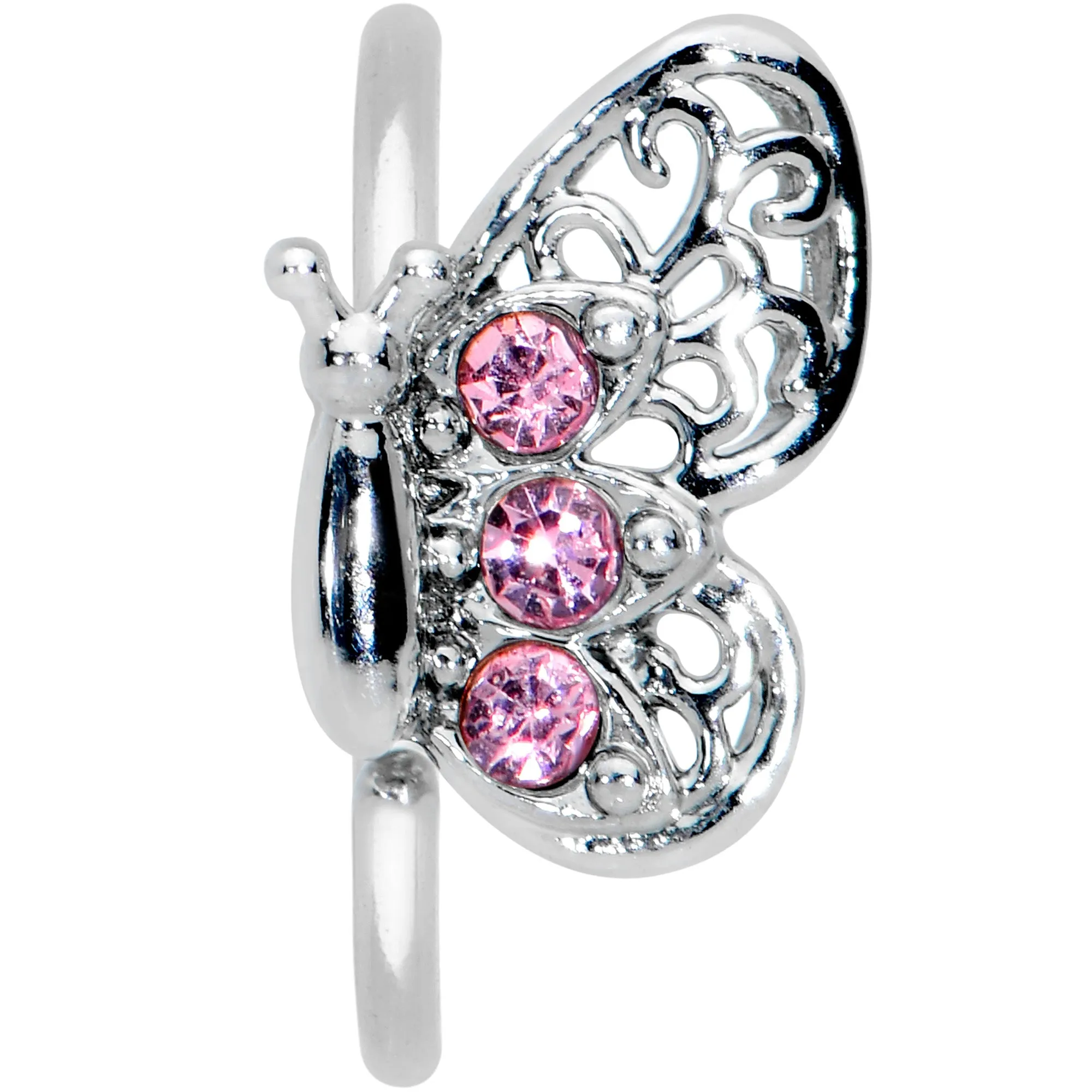 20 Gauge 5/16 Pink Gem Lacy Butterfly Nose Hoop