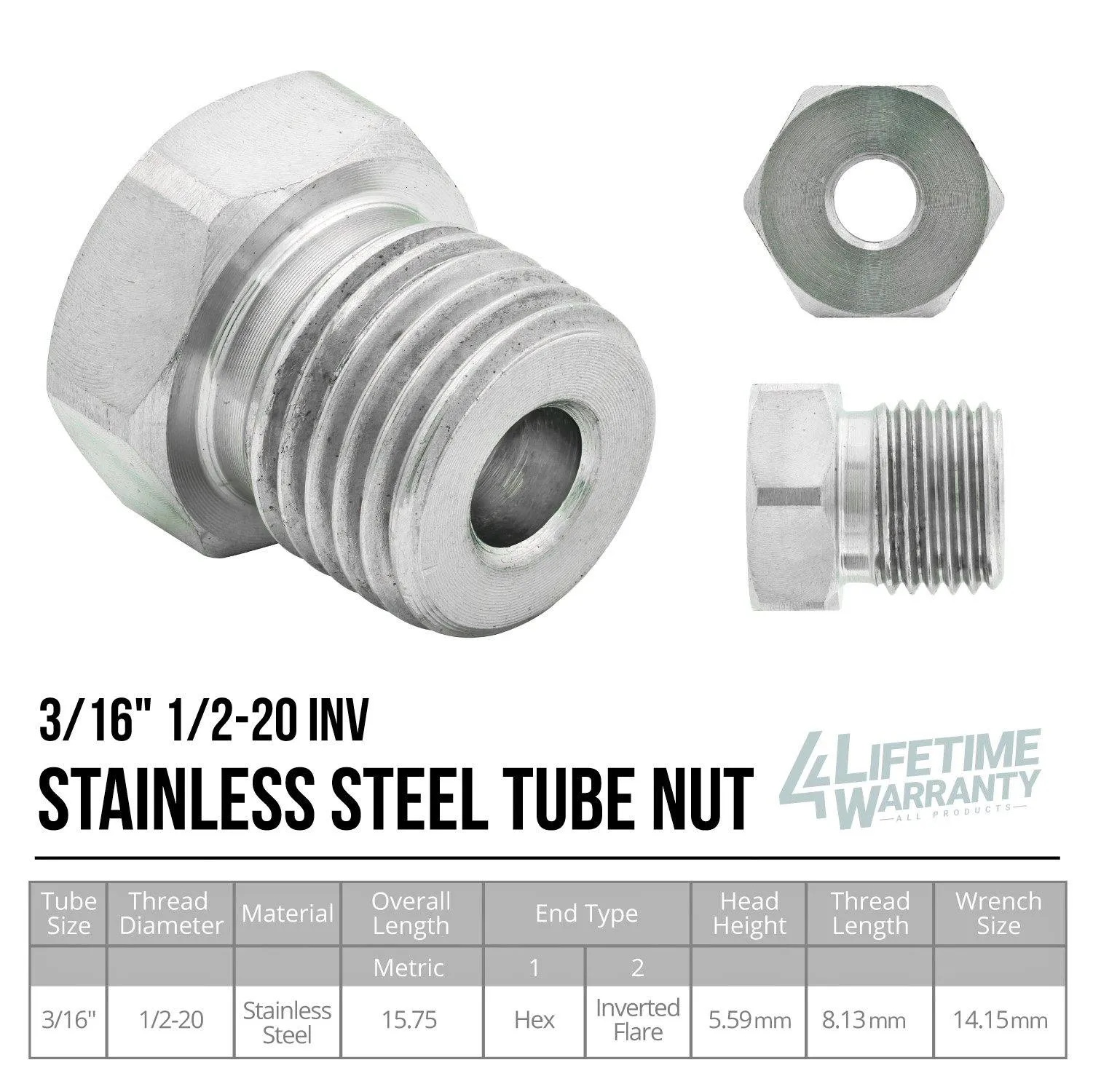 3/16" (1/2-20 Inverted) Tube Nut Stainless Steel 10ct