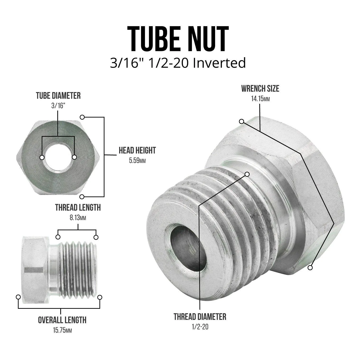 3/16" (1/2-20 Inverted) Tube Nut Stainless Steel 10ct