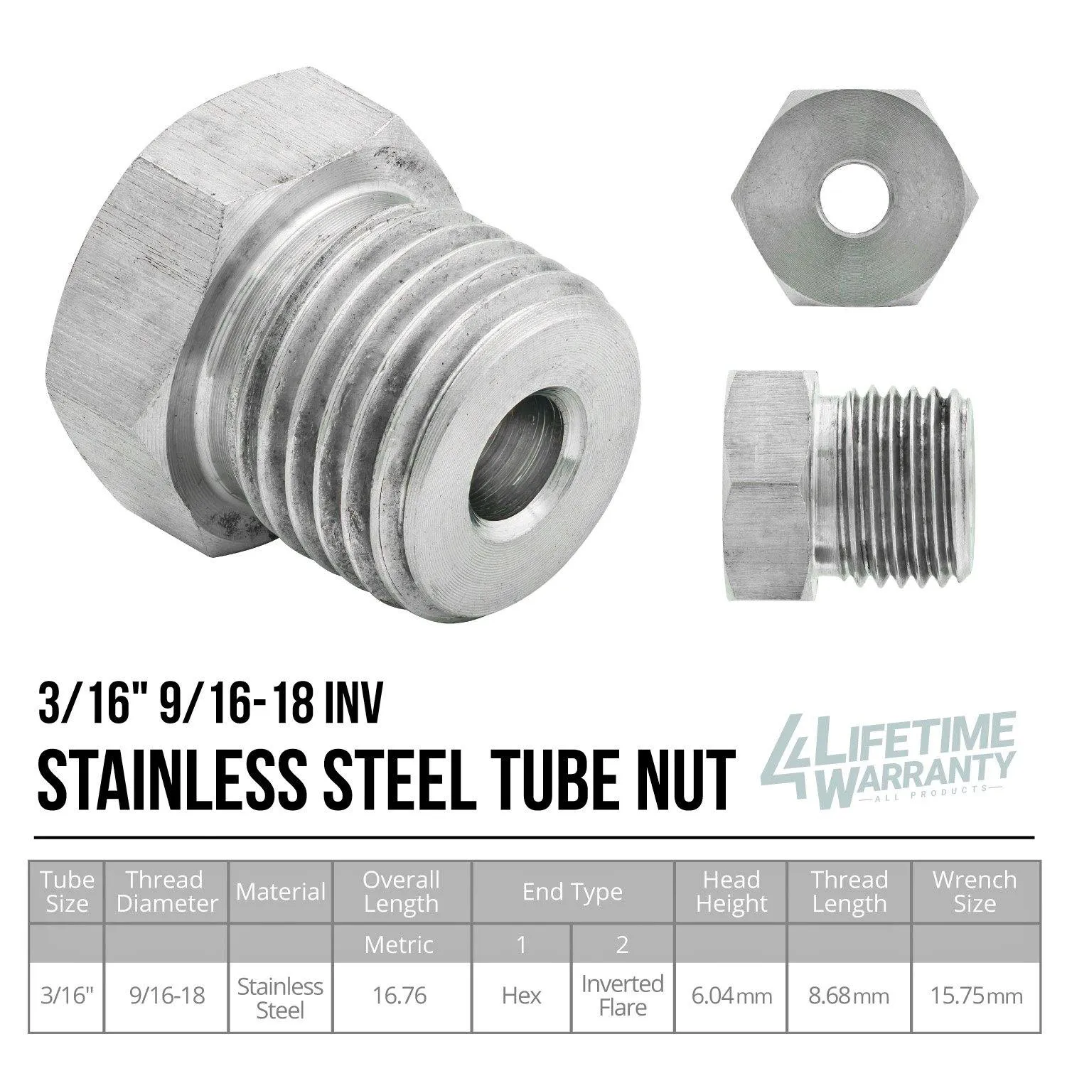 3/16" (9/16-18 Inverted) Stainless Steel Tube Nut | 10ct