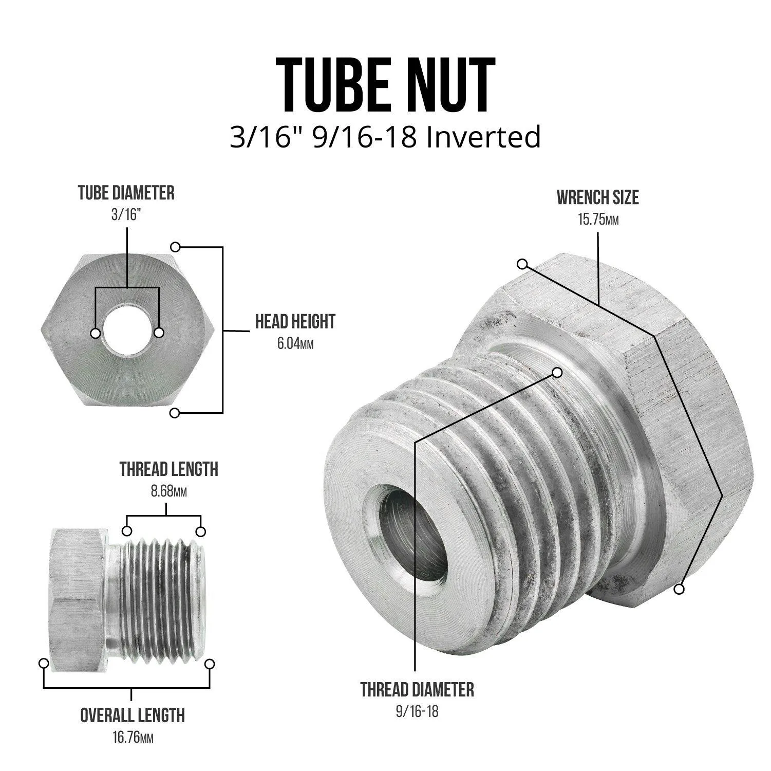 3/16" (9/16-18 Inverted) Stainless Steel Tube Nut | 10ct