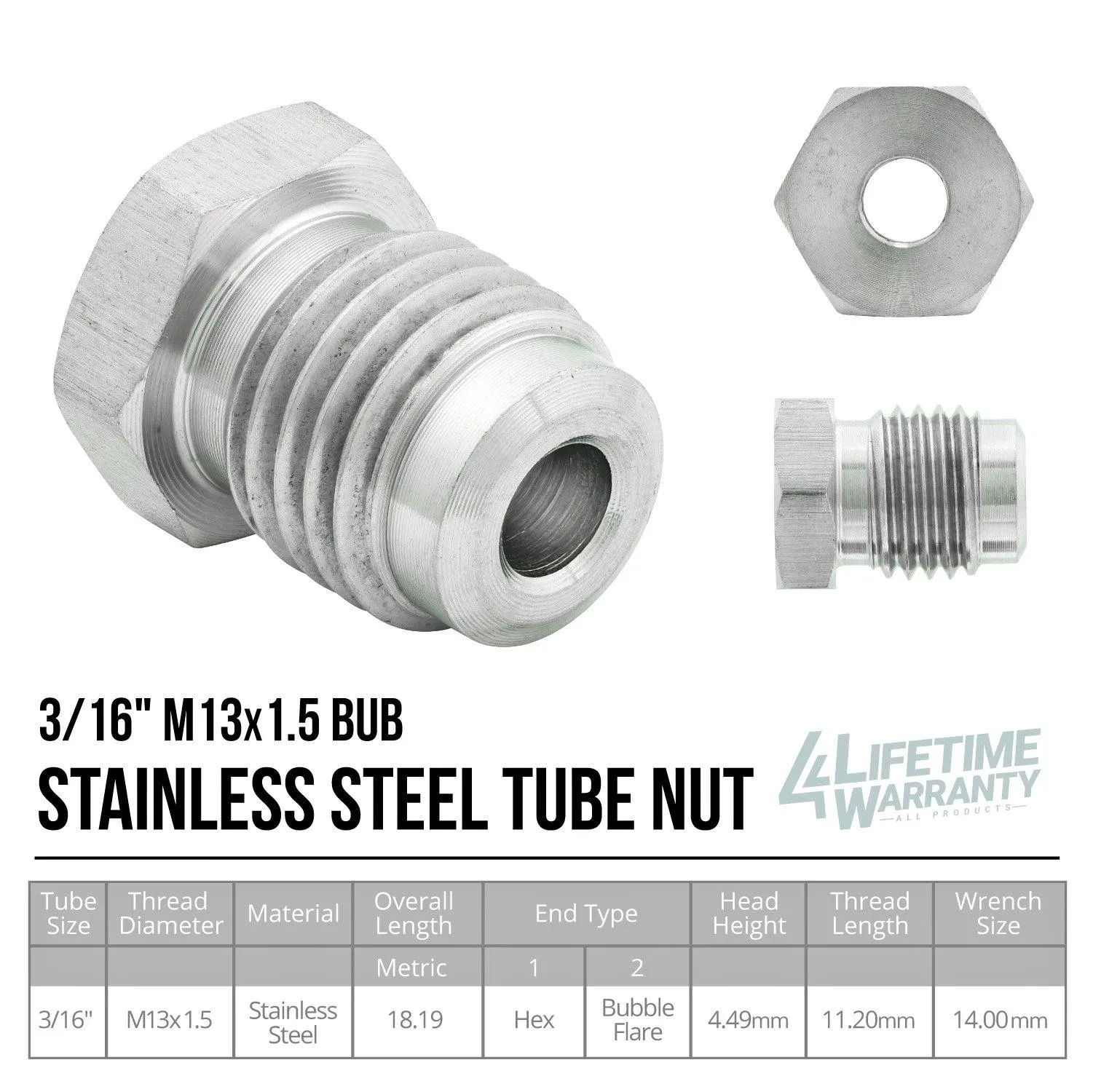 3/16" (M13x1.5 Bubble) Stainless Steel Brake Line Tube Nut | 10ct