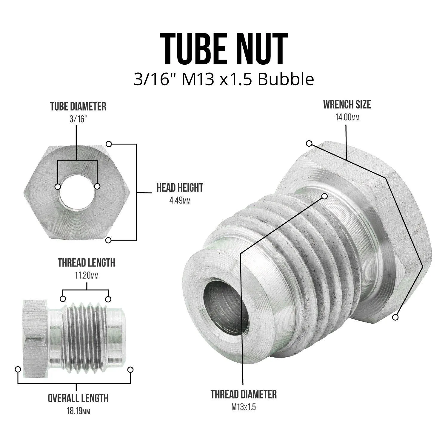 3/16" (M13x1.5 Bubble) Stainless Steel Brake Line Tube Nut | 10ct