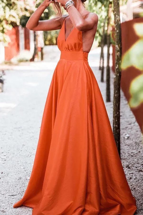 A Line Deep V Neck Backless Sweep Train Yellow Prom Dress PSK144