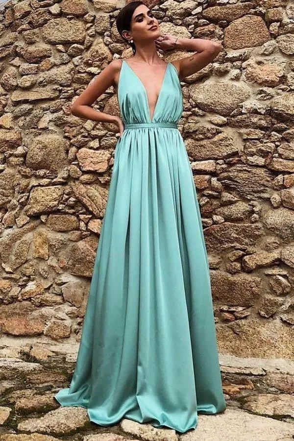 A Line Deep V Neck Backless Sweep Train Yellow Prom Dress PSK144