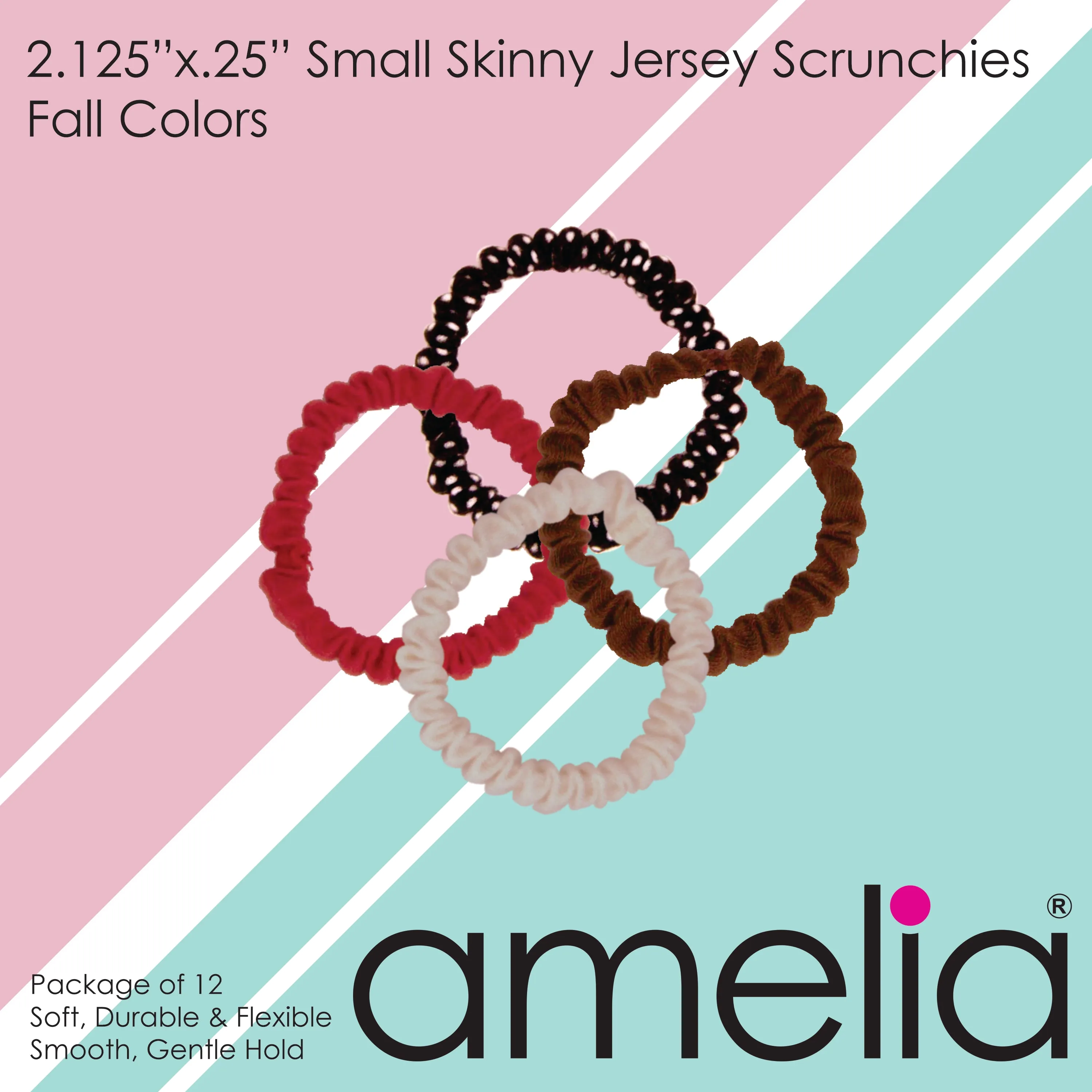 Amelia Beauty, Fall Blend Skinny Jersey Scrunchies, 2.125in Diameter, Gentle on Hair, Strong Hold, No Snag, No Dents or Creases. 12 Pack