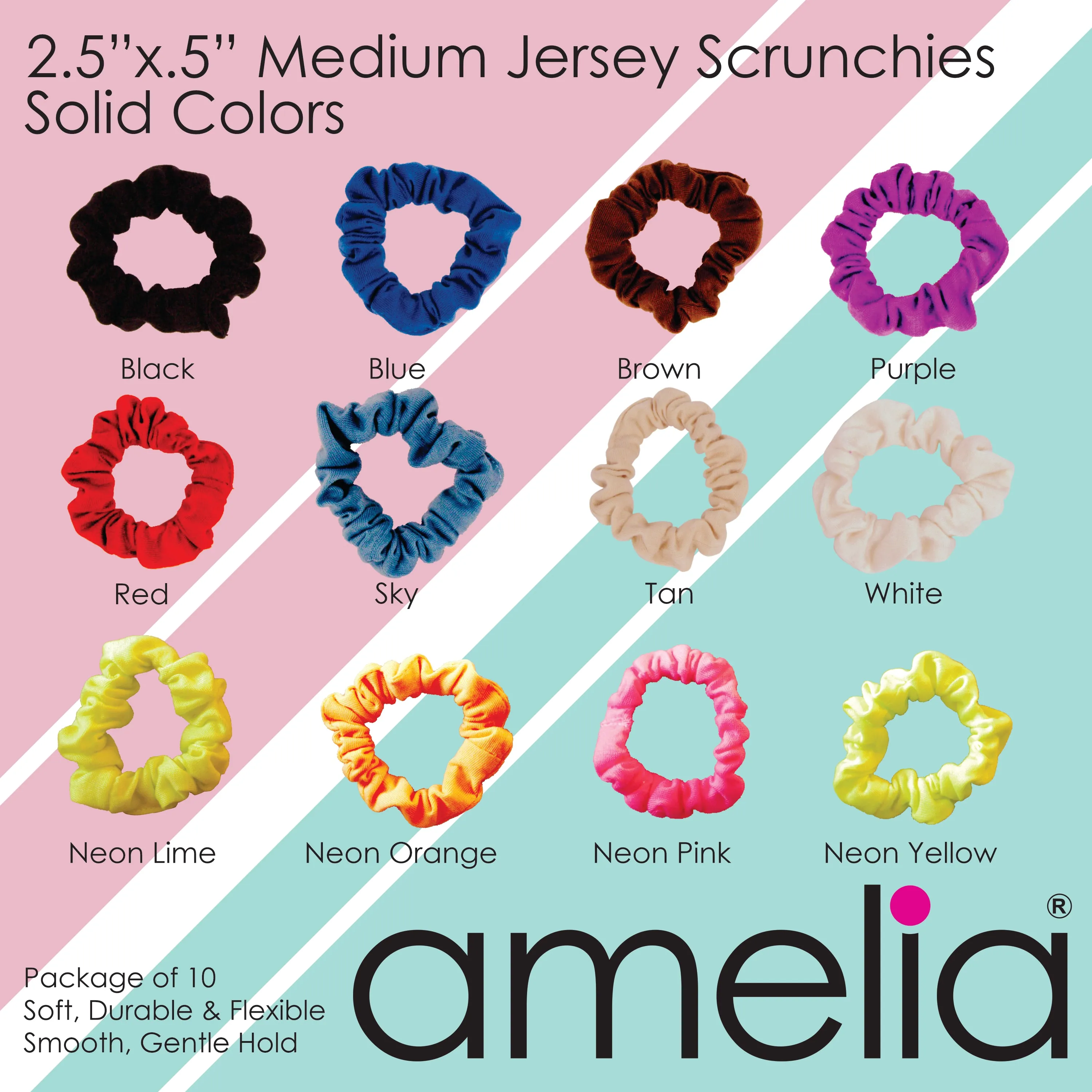 Amelia Beauty, Medium Pink Blue Dot Mix Jersey Scrunchies, 2.5in Diameter, Gentle on Hair, Strong Hold, No Snag, No Dents or Creases. 10 Pack