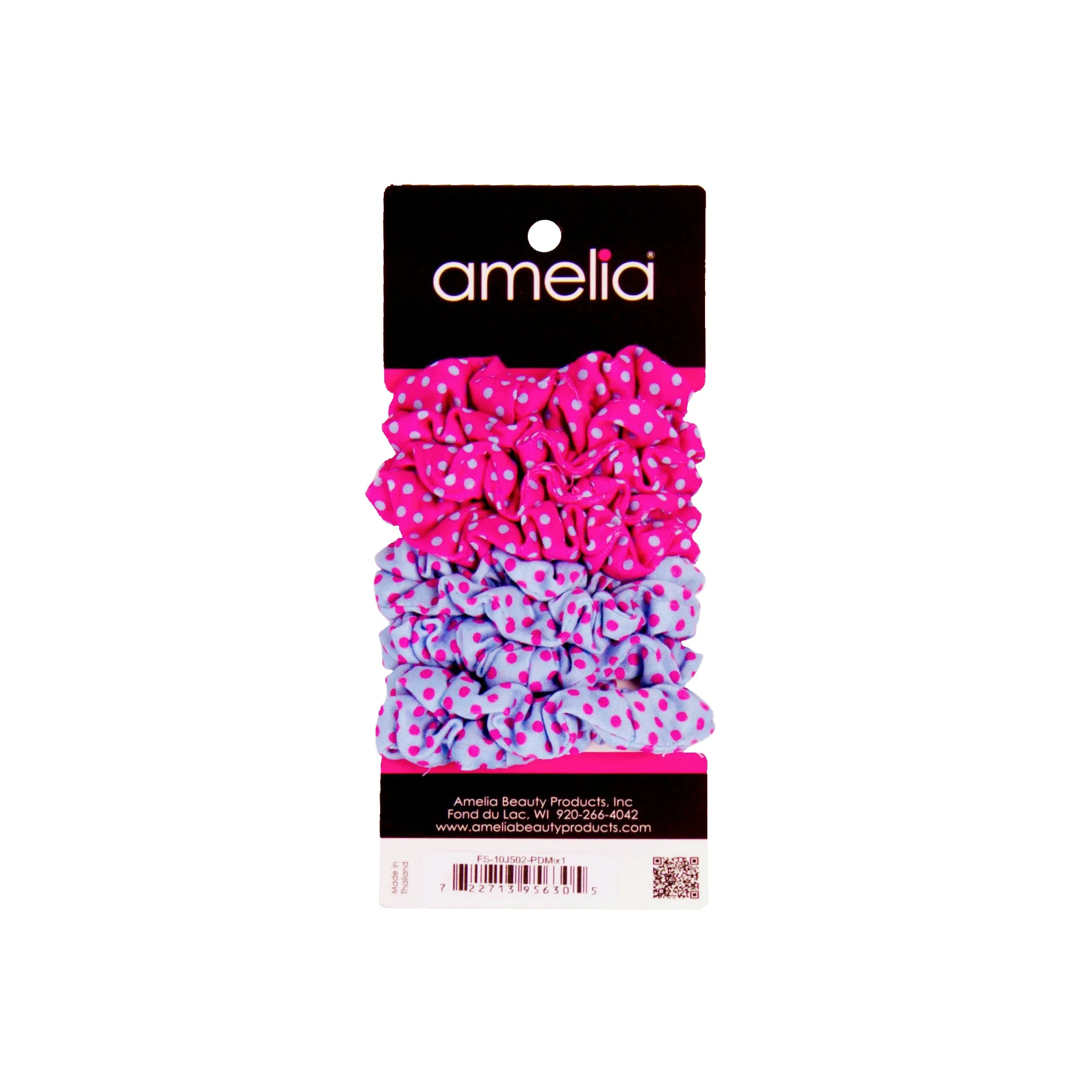Amelia Beauty, Medium Pink Blue Dot Mix Jersey Scrunchies, 2.5in Diameter, Gentle on Hair, Strong Hold, No Snag, No Dents or Creases. 10 Pack