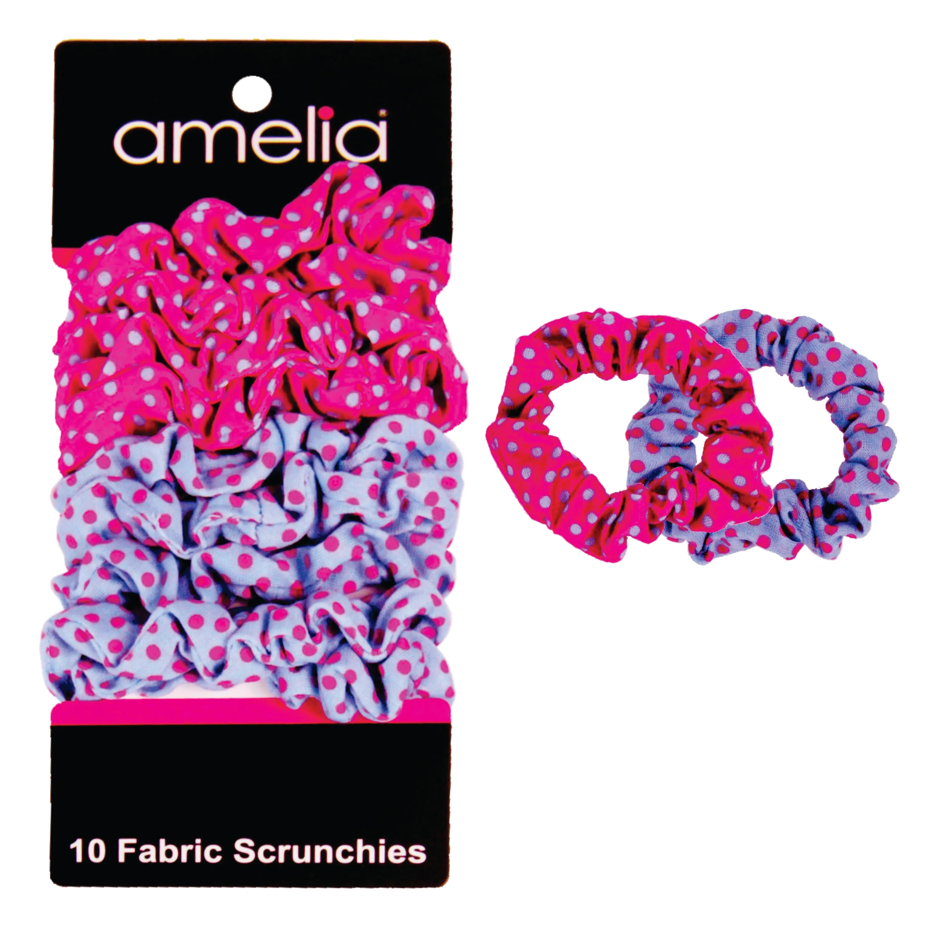 Amelia Beauty, Medium Pink Blue Dot Mix Jersey Scrunchies, 2.5in Diameter, Gentle on Hair, Strong Hold, No Snag, No Dents or Creases. 10 Pack