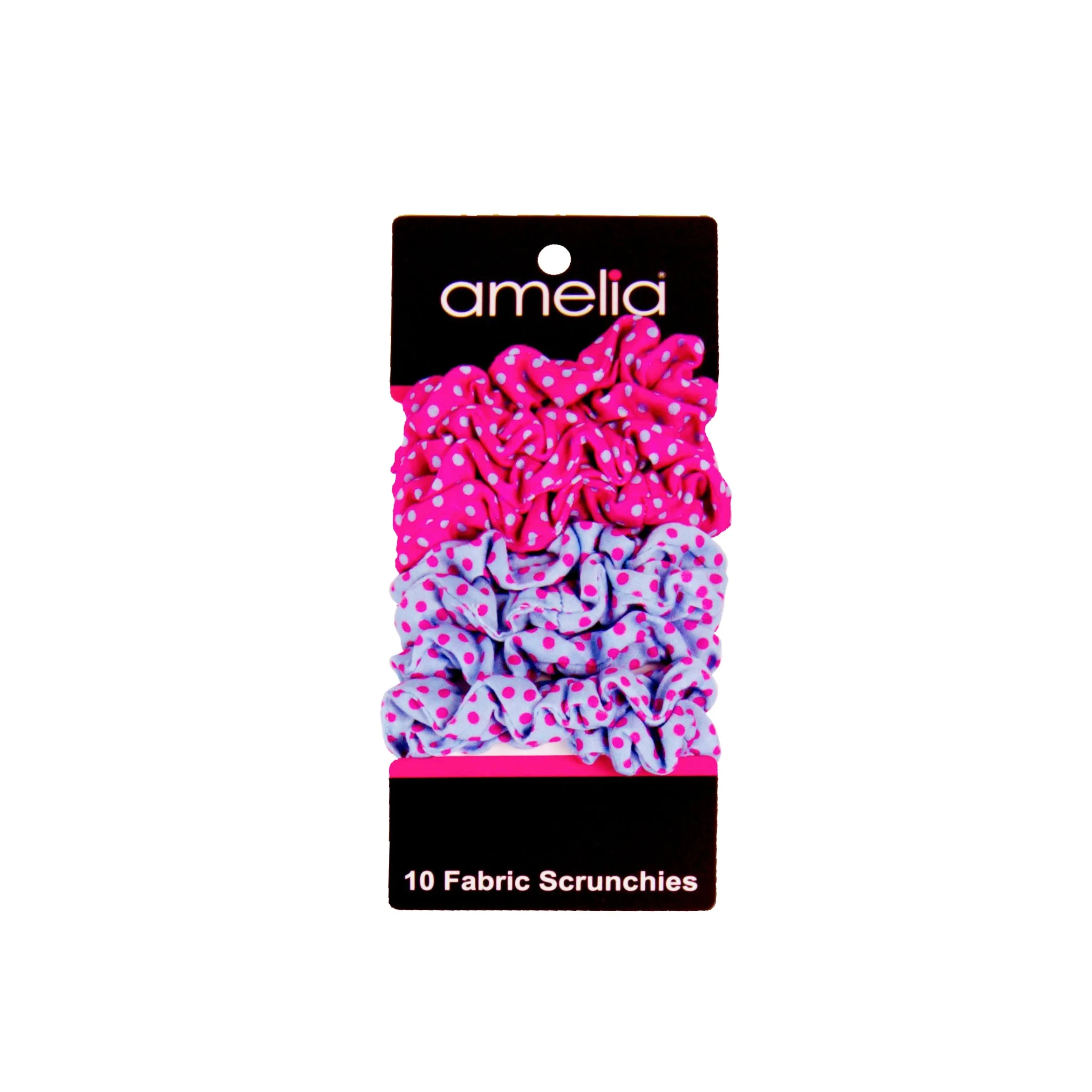 Amelia Beauty, Medium Pink Blue Dot Mix Jersey Scrunchies, 2.5in Diameter, Gentle on Hair, Strong Hold, No Snag, No Dents or Creases. 10 Pack