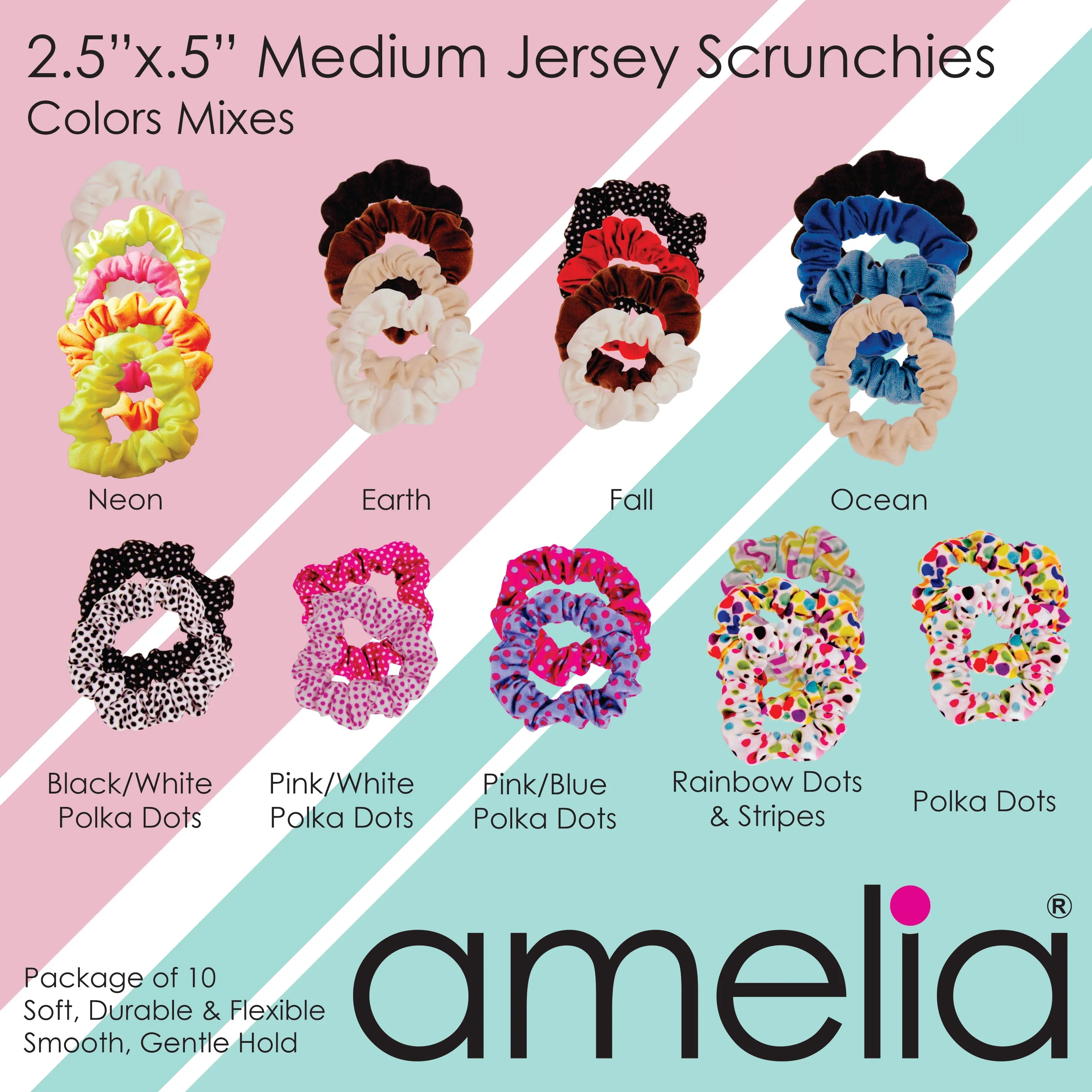 Amelia Beauty, Medium Pink Blue Dot Mix Jersey Scrunchies, 2.5in Diameter, Gentle on Hair, Strong Hold, No Snag, No Dents or Creases. 10 Pack