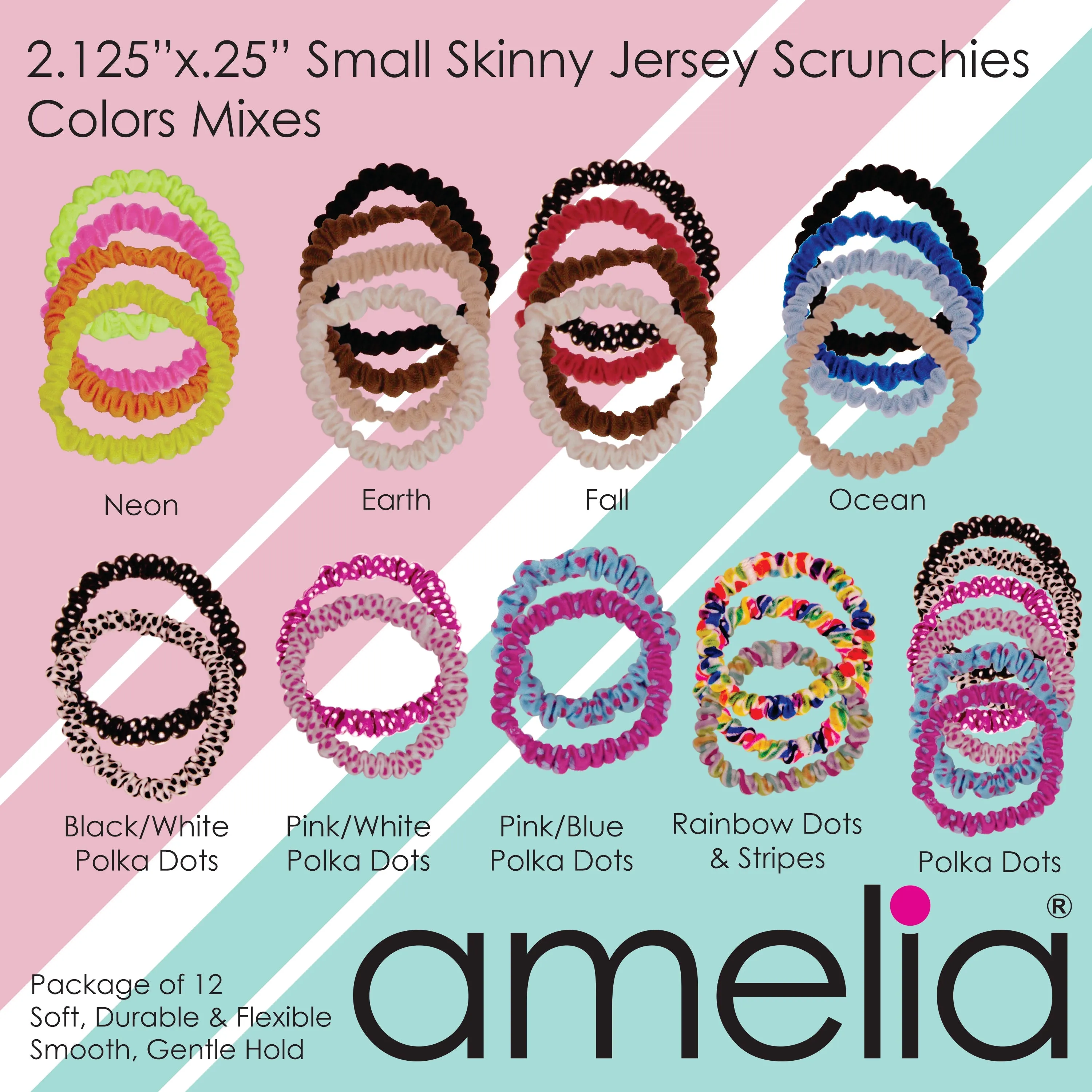 Amelia Beauty, Neon Orange Skinny Jersey Scrunchies, 2.125in Diameter, Gentle on Hair, Strong Hold, No Snag, No Dents or Creases. 12 Pack