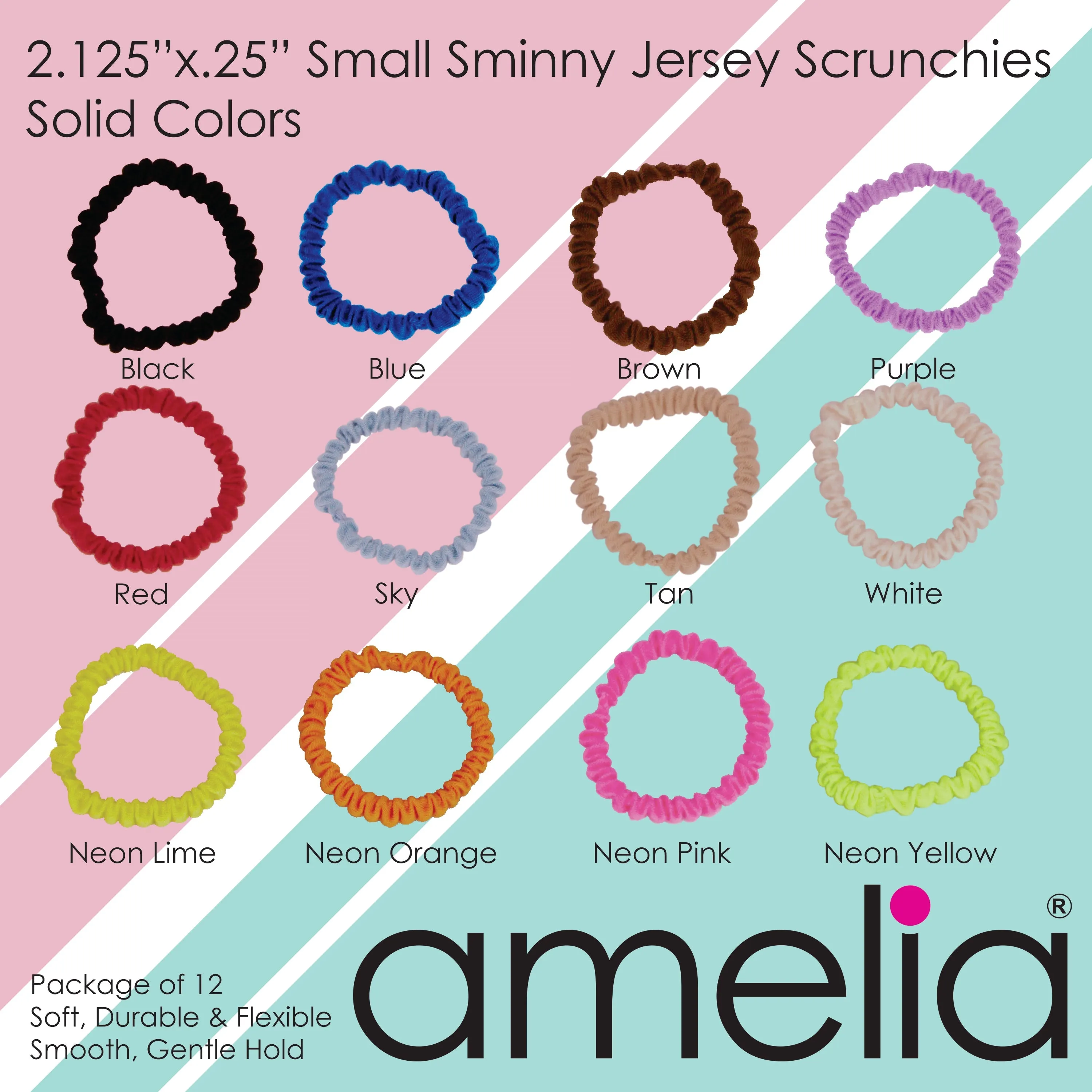 Amelia Beauty, Neon Orange Skinny Jersey Scrunchies, 2.125in Diameter, Gentle on Hair, Strong Hold, No Snag, No Dents or Creases. 12 Pack