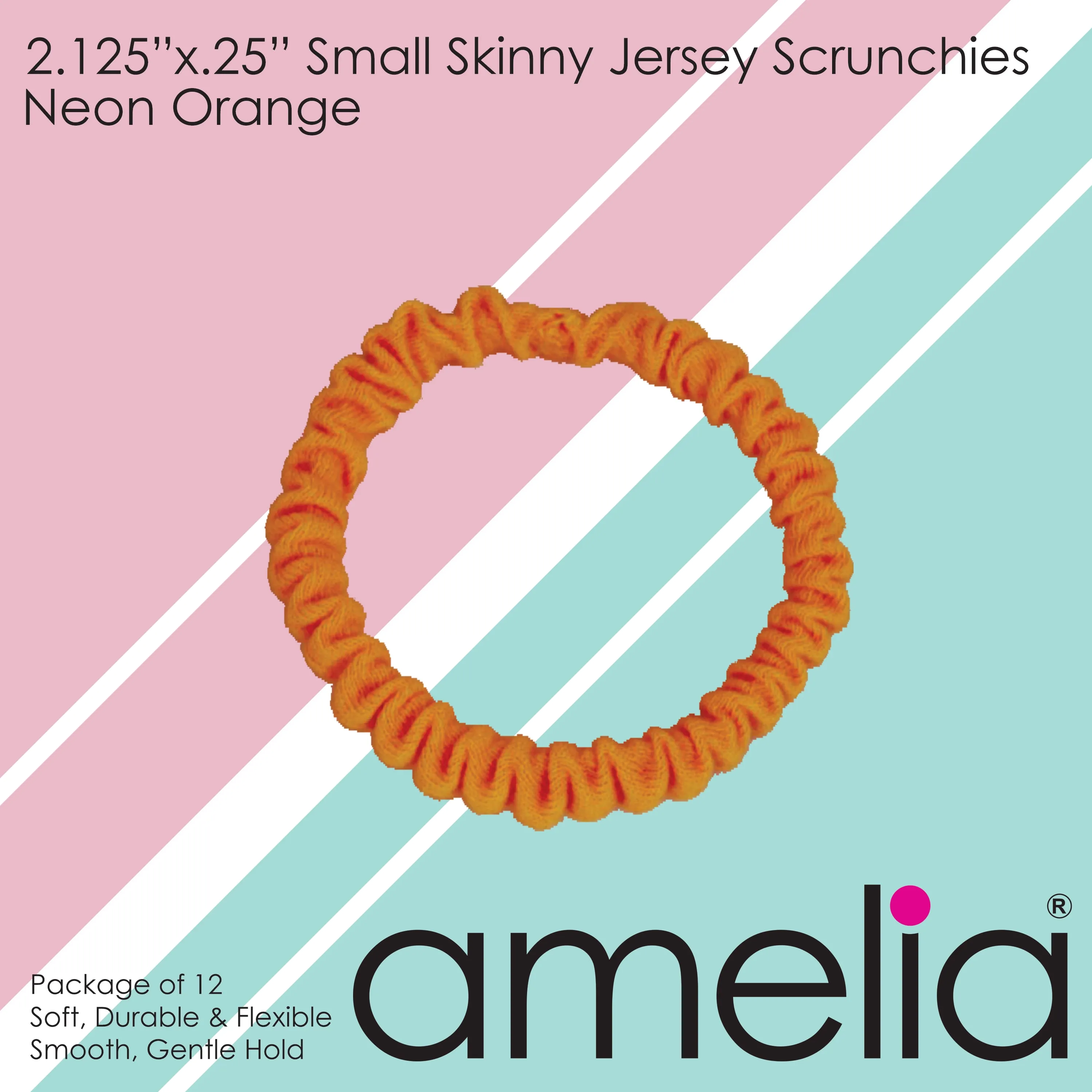 Amelia Beauty, Neon Orange Skinny Jersey Scrunchies, 2.125in Diameter, Gentle on Hair, Strong Hold, No Snag, No Dents or Creases. 12 Pack