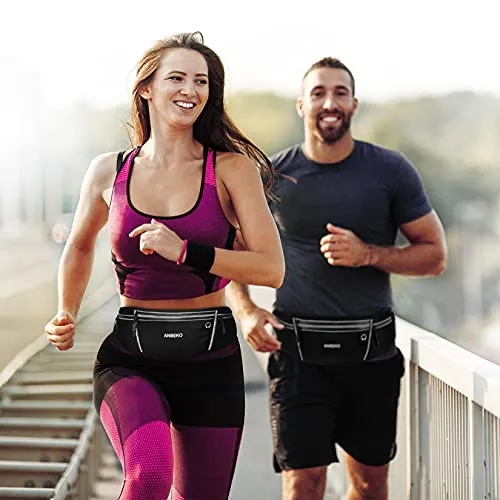 ANBEKO Universal Running belt with extender, large capacity waist pack with 4 pockets,Hiking Travel Camp Running Workout Belt bag,Reflective no bounce waist pack,Easy carry any large phones