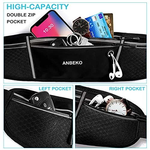 ANBEKO Universal Running belt with extender, large capacity waist pack with 4 pockets,Hiking Travel Camp Running Workout Belt bag,Reflective no bounce waist pack,Easy carry any large phones