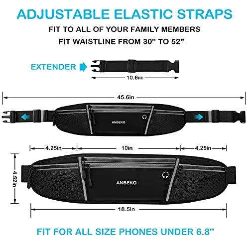 ANBEKO Universal Running belt with extender, large capacity waist pack with 4 pockets,Hiking Travel Camp Running Workout Belt bag,Reflective no bounce waist pack,Easy carry any large phones