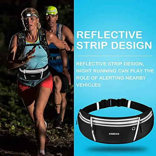 ANBEKO Universal Running belt with extender, large capacity waist pack with 4 pockets,Hiking Travel Camp Running Workout Belt bag,Reflective no bounce waist pack,Easy carry any large phones