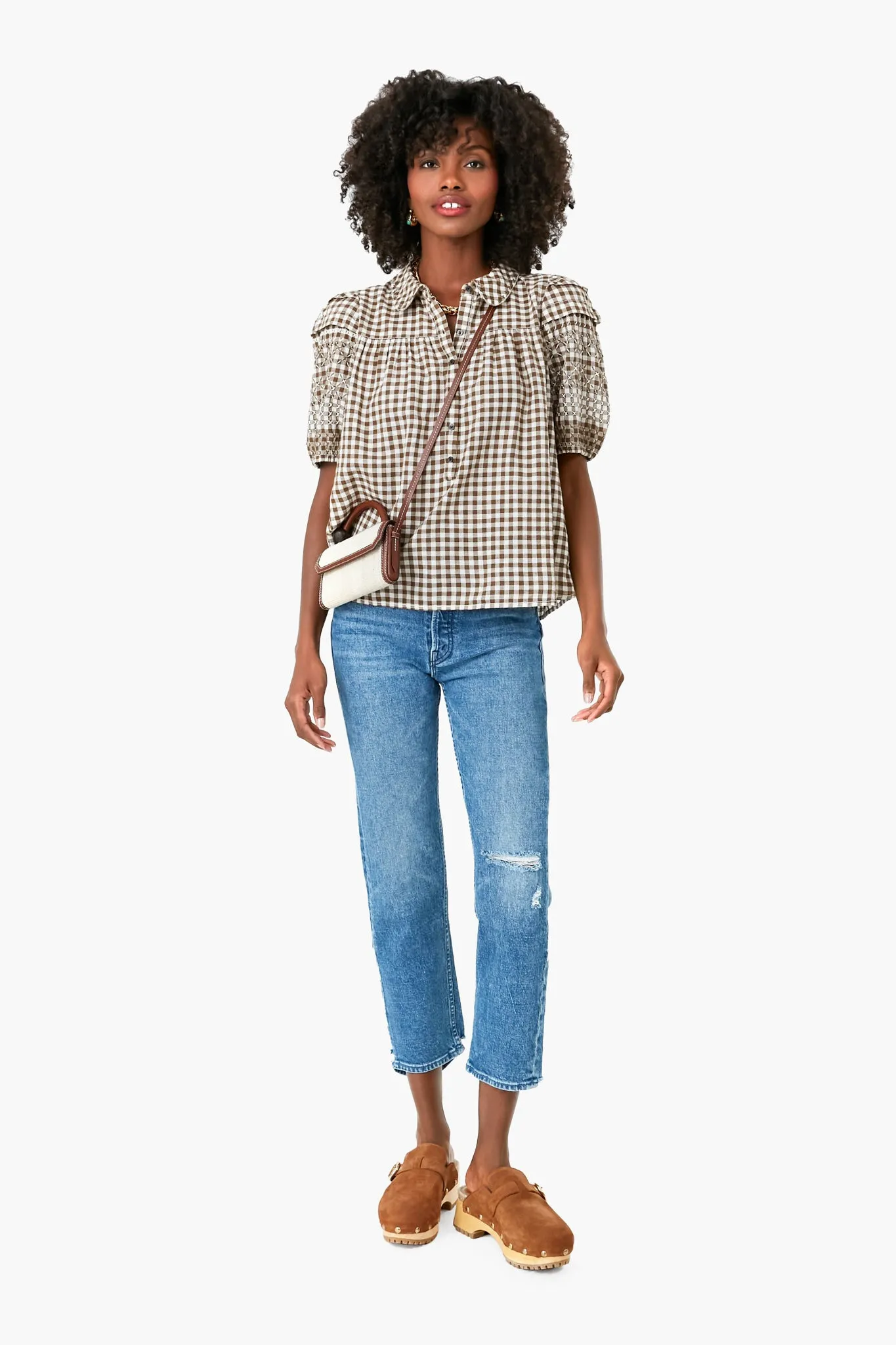 Army Gingham Cross Stitch Embroidered Mare Top