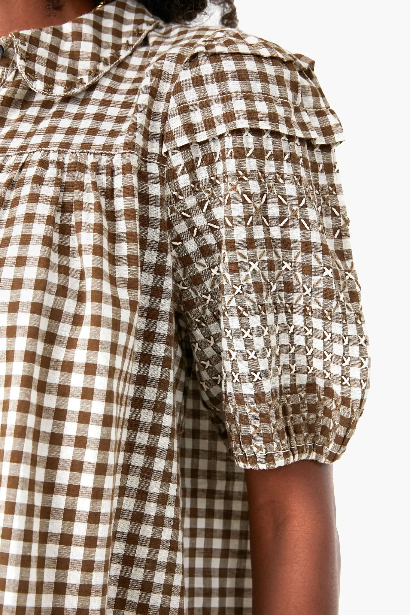 Army Gingham Cross Stitch Embroidered Mare Top