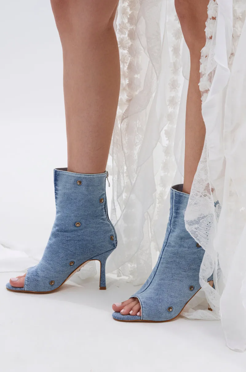 AZALEA WANG BIRD SONG DENIM OPEN TOE SNAP BOOTIE
