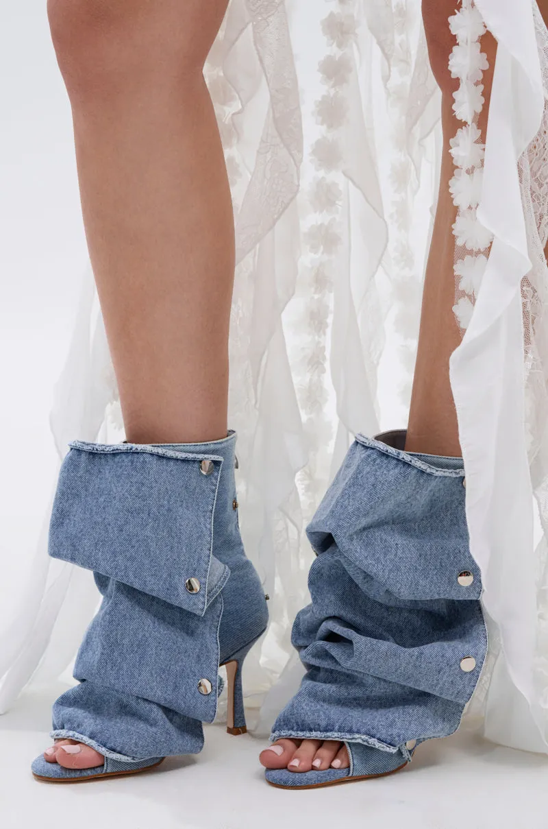 AZALEA WANG BIRD SONG DENIM OPEN TOE SNAP BOOTIE