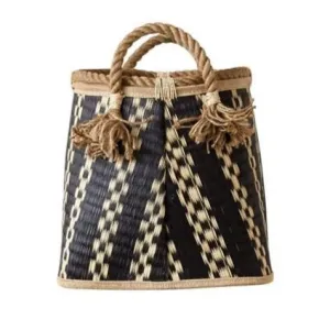 Black & Natural Wicker Basket with Handle (2 Sizes)