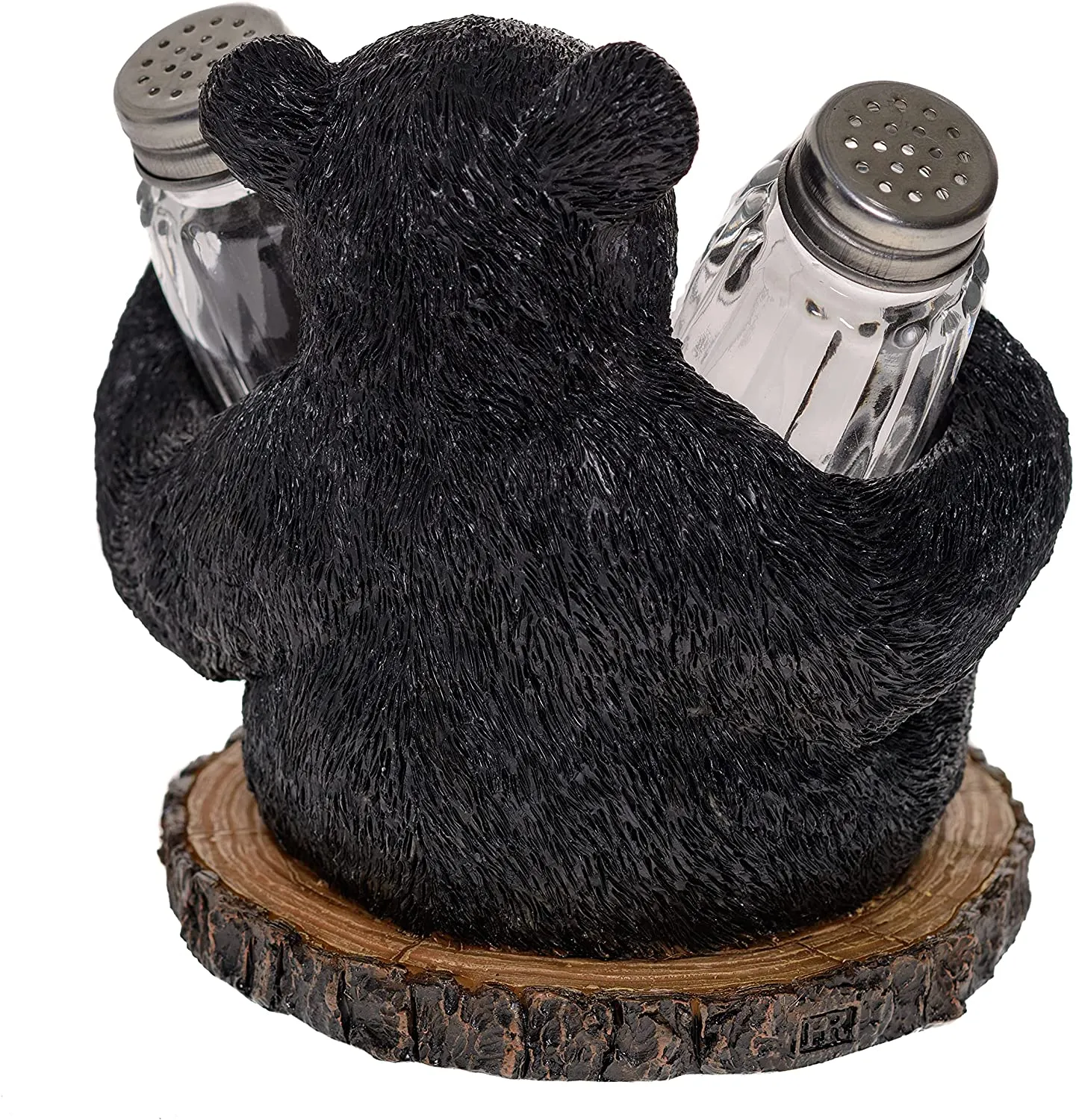 Black Bear Salt and Pepper Shakers - Sitting Blackbear in a Log Spices and Seasonings Set - Glass Salt and Pepper Shakers Home Decor Salt and Pepper Table Set