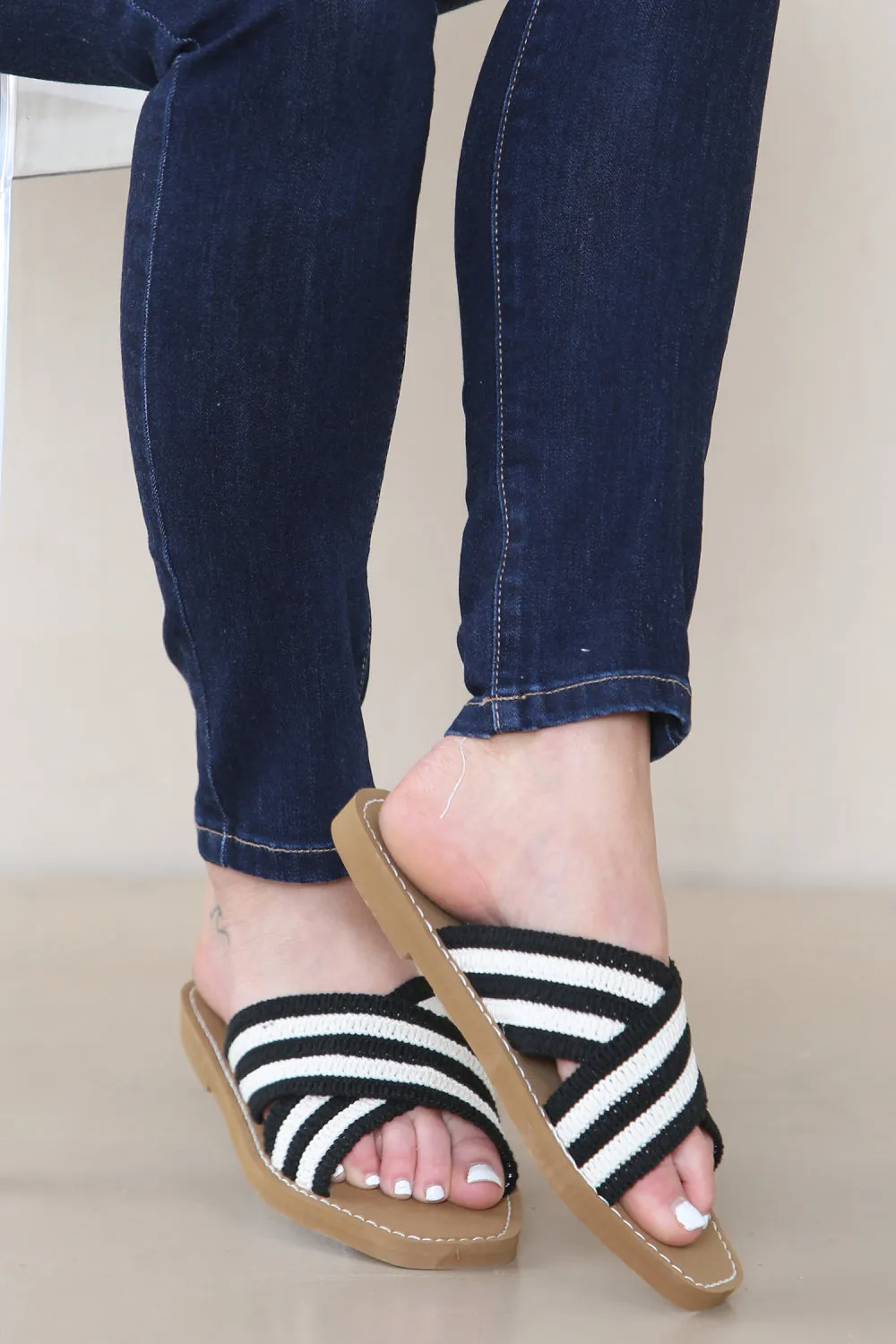 BLACK BEIGE WOVEN CROSS STRAP FLAT SLIDER SANDAL