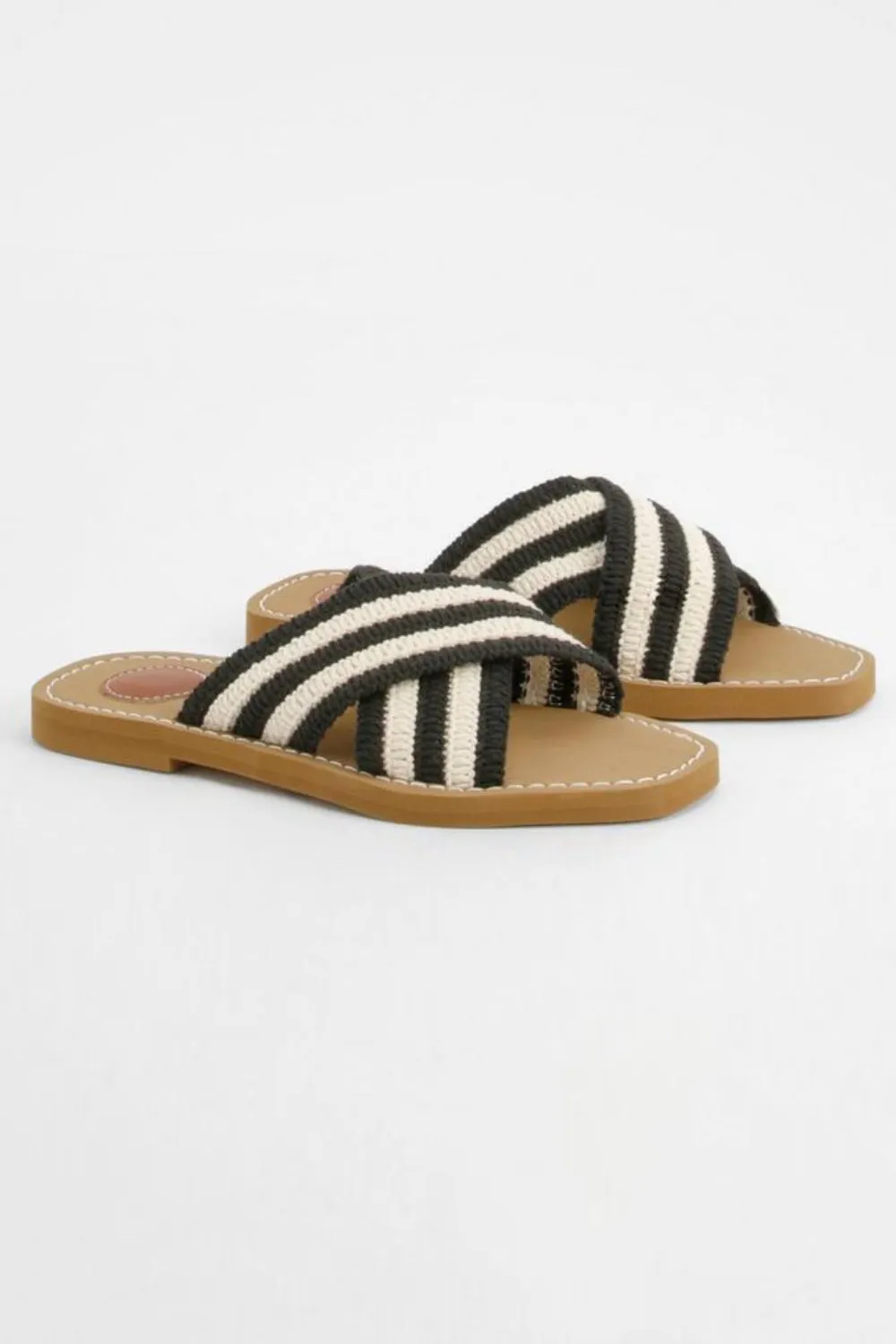 BLACK BEIGE WOVEN CROSS STRAP FLAT SLIDER SANDAL