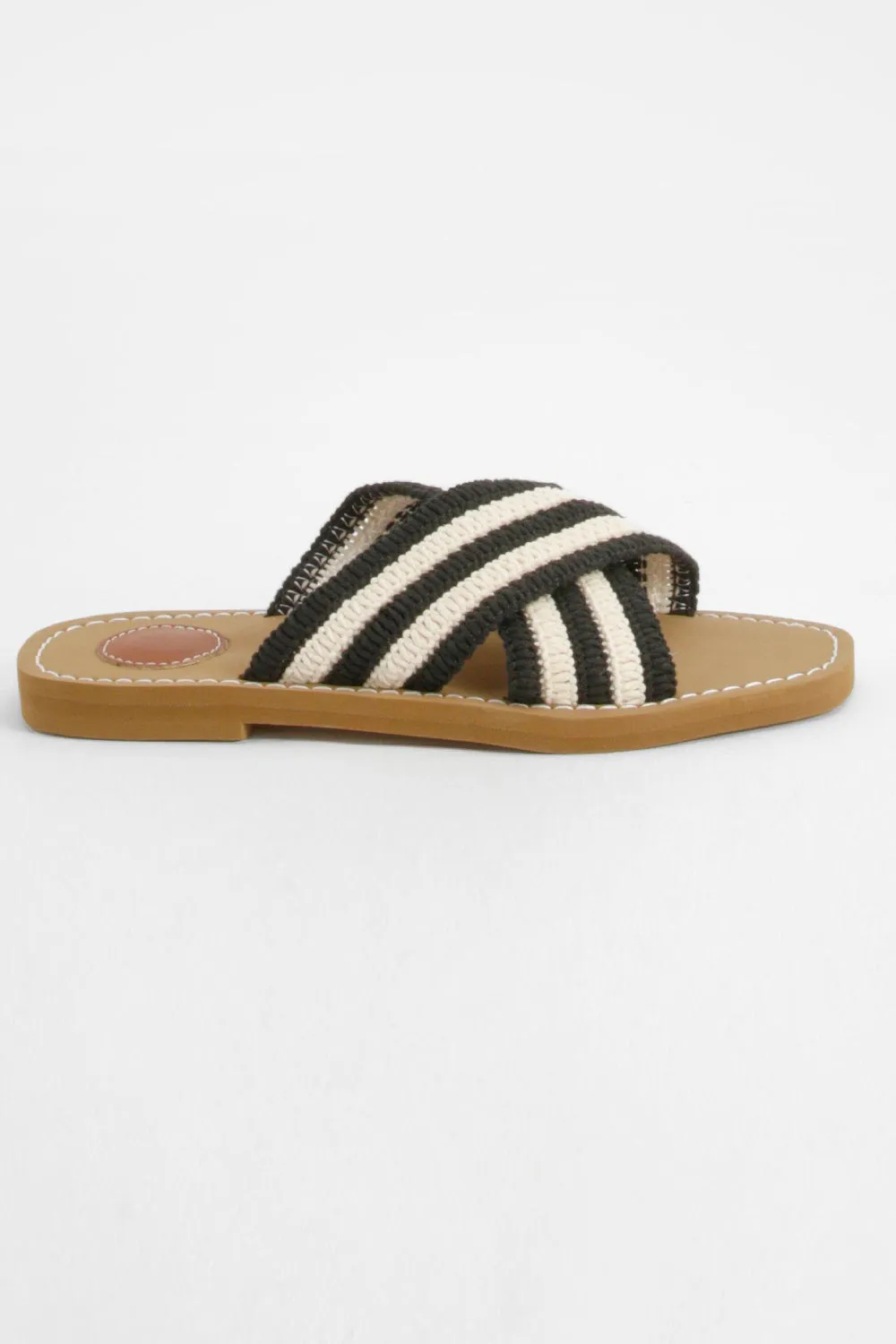 BLACK BEIGE WOVEN CROSS STRAP FLAT SLIDER SANDAL