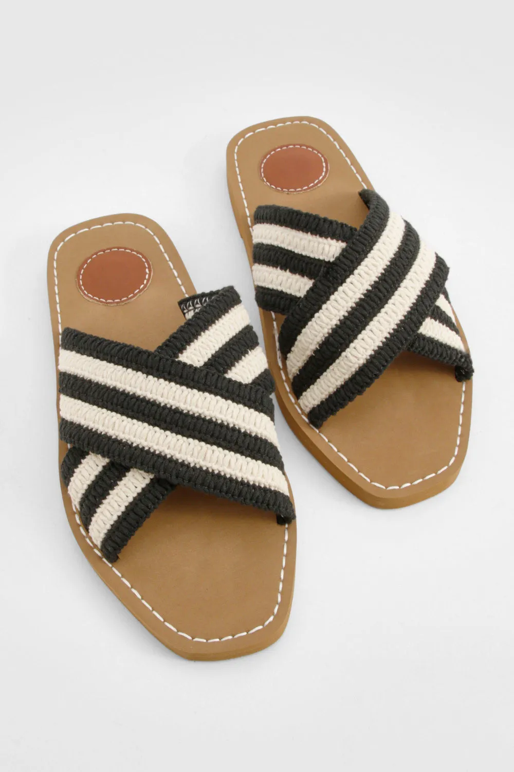 BLACK BEIGE WOVEN CROSS STRAP FLAT SLIDER SANDAL