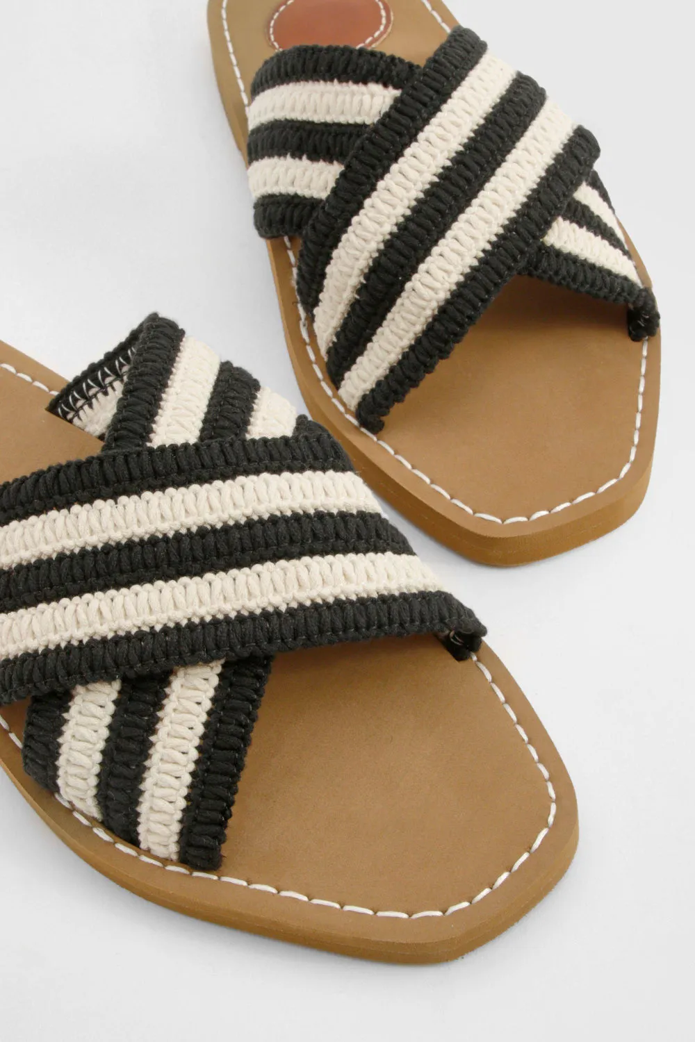 BLACK BEIGE WOVEN CROSS STRAP FLAT SLIDER SANDAL