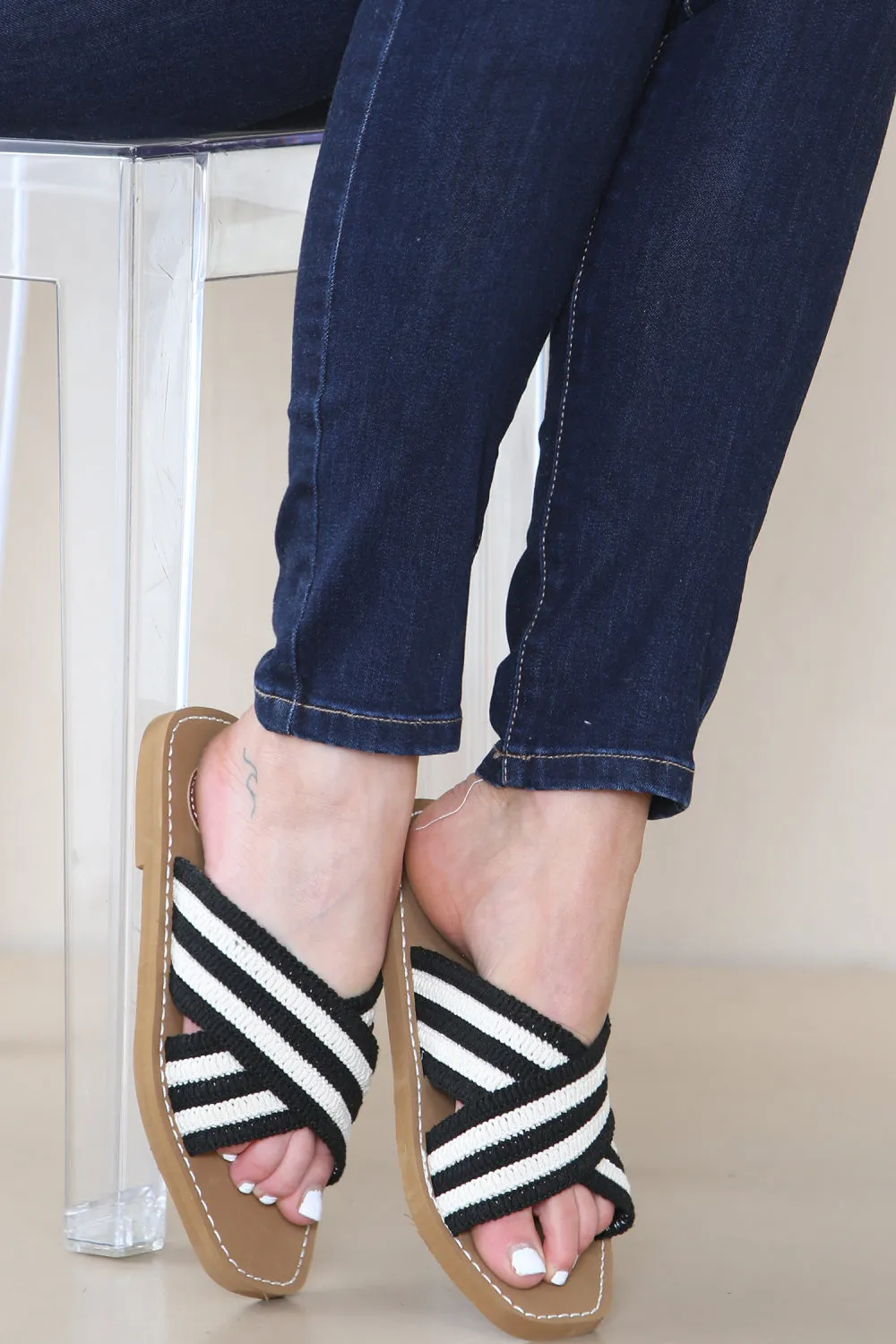 BLACK BEIGE WOVEN CROSS STRAP FLAT SLIDER SANDAL