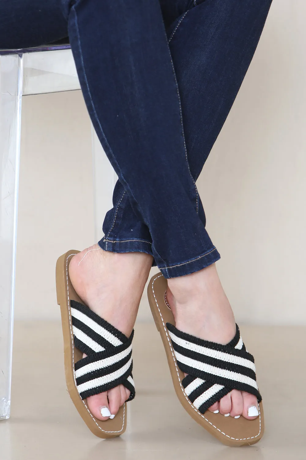 BLACK BEIGE WOVEN CROSS STRAP FLAT SLIDER SANDAL