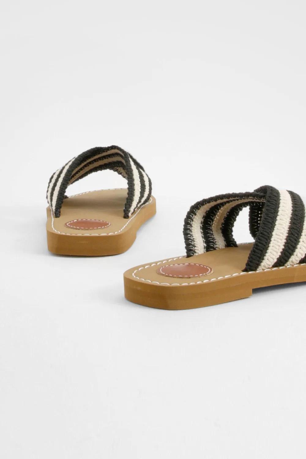 BLACK BEIGE WOVEN CROSS STRAP FLAT SLIDER SANDAL