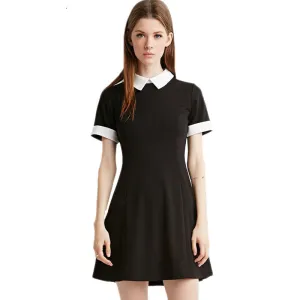 Black Dress White Collar Summer Cute Peter Pan Collar School Preppy Style Dresses Zipper Short Sleeve Brand Vestidos Femininos