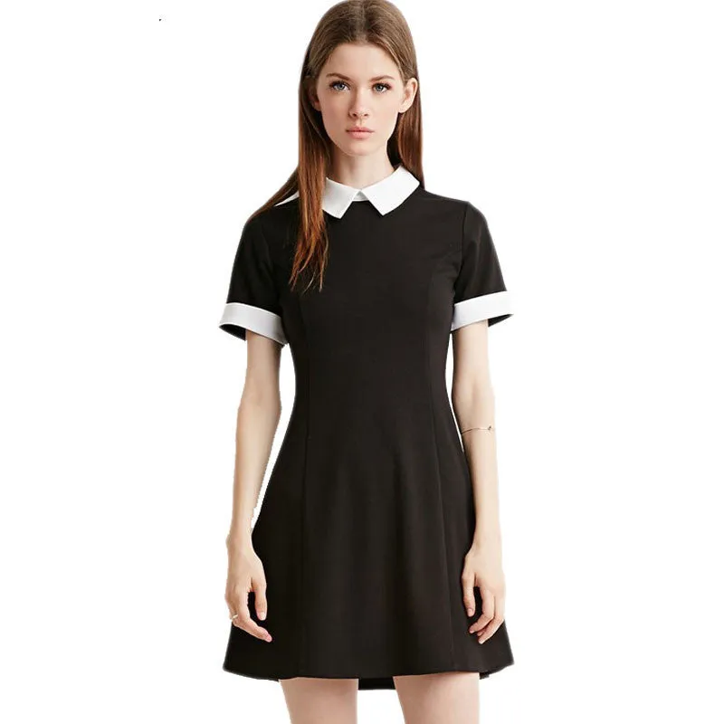 Black Dress White Collar Summer Cute Peter Pan Collar School Preppy Style Dresses Zipper Short Sleeve Brand Vestidos Femininos