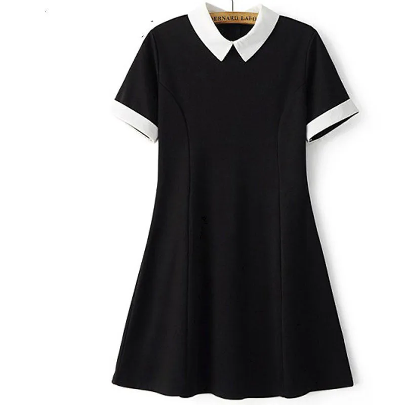 Black Dress White Collar Summer Cute Peter Pan Collar School Preppy Style Dresses Zipper Short Sleeve Brand Vestidos Femininos