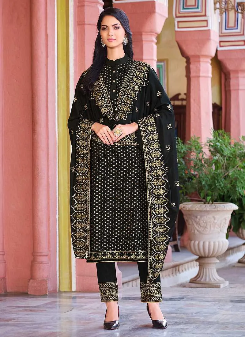 Black Embroidered Stylish Straight Pant Suit
