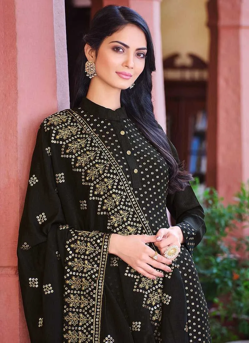 Black Embroidered Stylish Straight Pant Suit