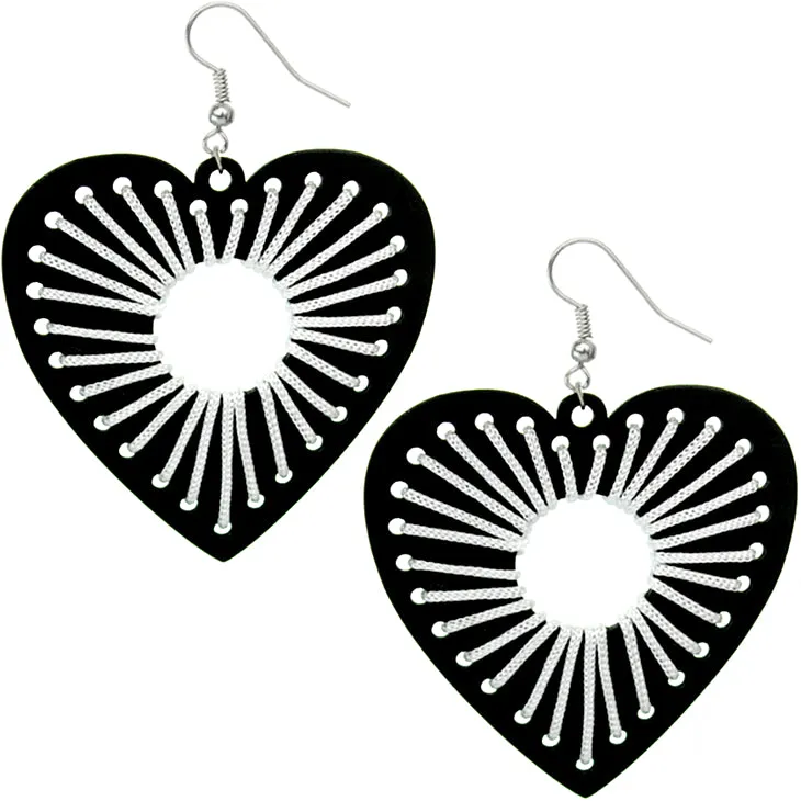 Black Wooden Woven Heart Earrings