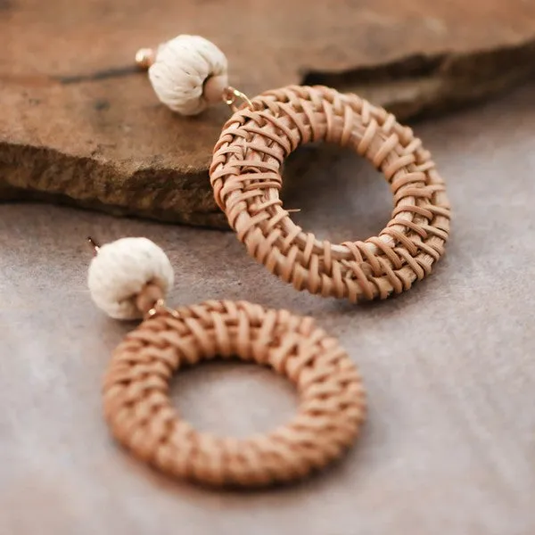 CHARI WOVEN RATTAN ROUND DROP EARRINGS