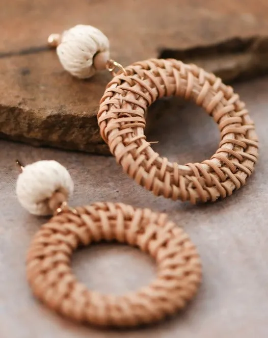 CHARI WOVEN RATTAN ROUND DROP EARRINGS